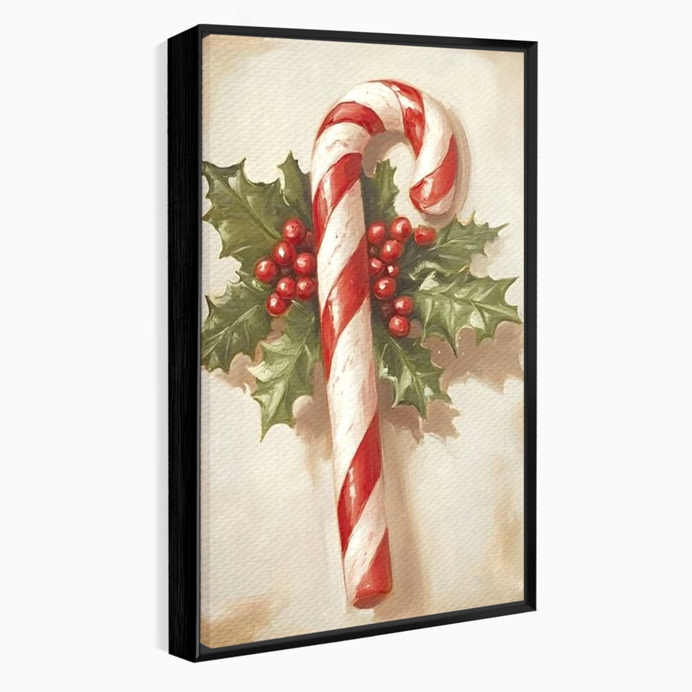 Tablou canvas cu pictura cu baston de zahar si frunze, in rama de aluminiu negru